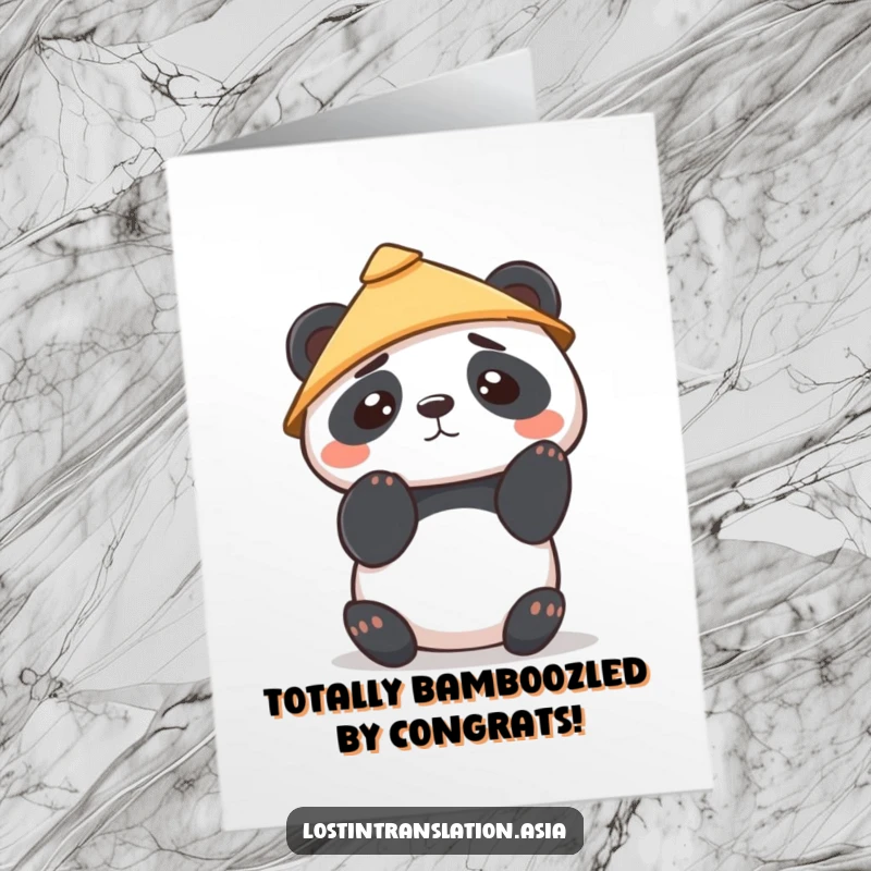Funny Free Printable Panda Congrats Card: Panda wearing a conical hat, looking utterly bewildered.