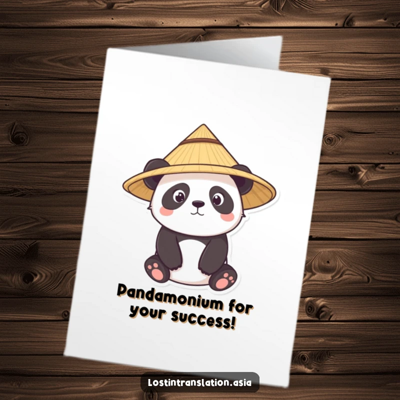 Funny free printable congratulations card with a curious panda wearing a straw hat, ready to celebrate.