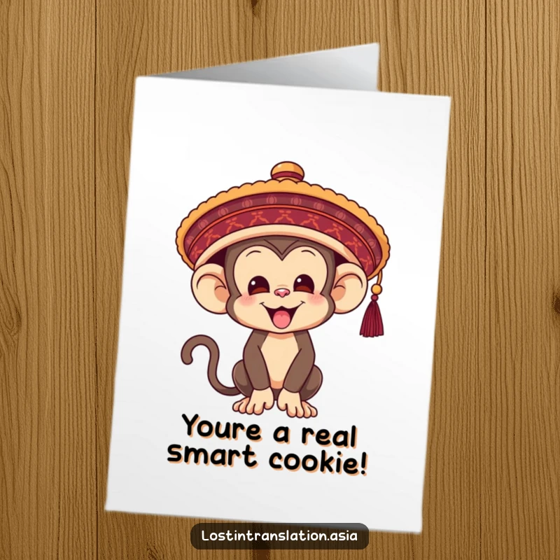 Funny Free Printable Congratulations Card: A monkey tries to put on a comically oversized traditional hat, celebrating success with humor.