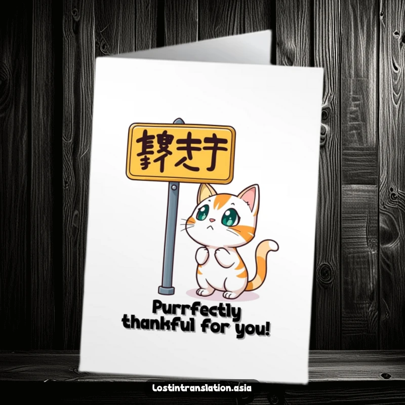 Funny free printable thank you card featuring a startled cat staring blankly at a jumble of street signs, so funny.