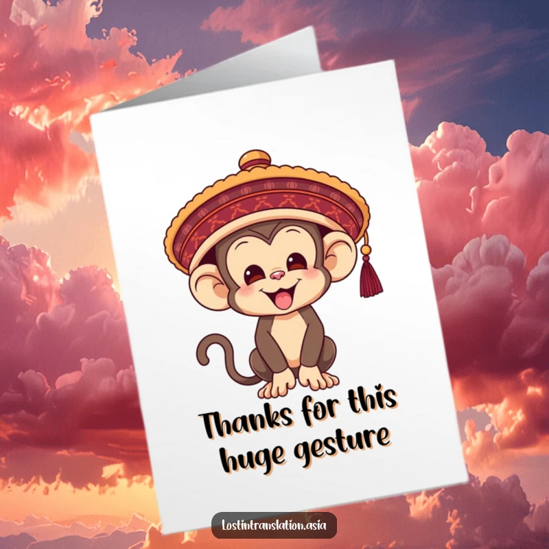 Funny Free Printable Thank You Card: A monkey struggles comically to wear a much too big traditional hat, offering thanks with humor.
