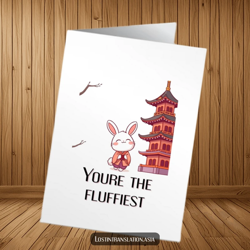 Free Printable Thank You Card: A sweet rabbit wearing a kimono looks up at a beautiful pagoda.
