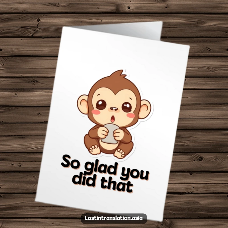 Funny Free Printable Thank You Card: A comical monkey with wide eyes holding an unknown item, expressing thanks.