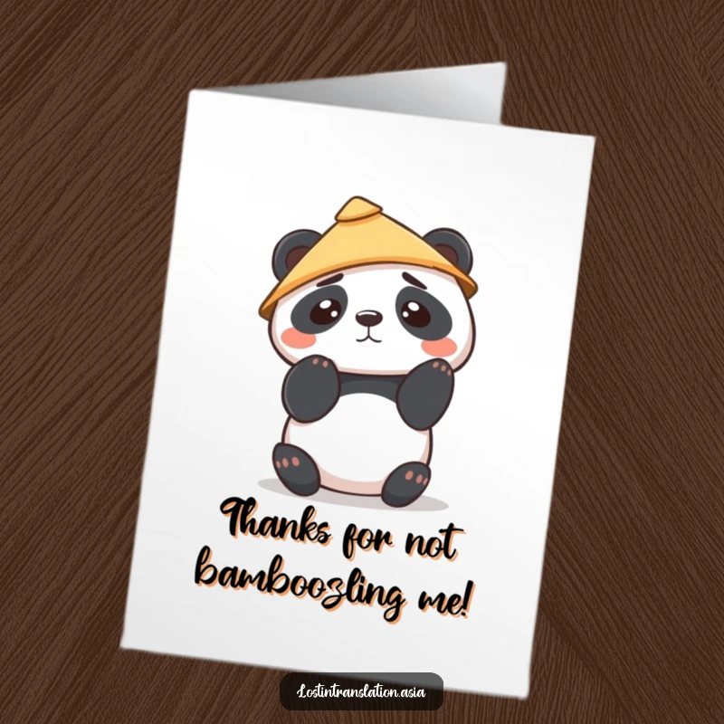 Funny Free Printable Panda Thank You Card: Panda in a hat looking confused, a humorous thanks.