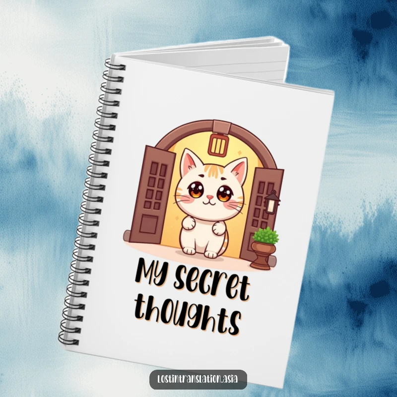 Funny Cat Doorway Notebook features a cheerful cat with big eyes peeking from a traditional doorway, perfect for note-taking, journaling, or sketching with cozy charm.