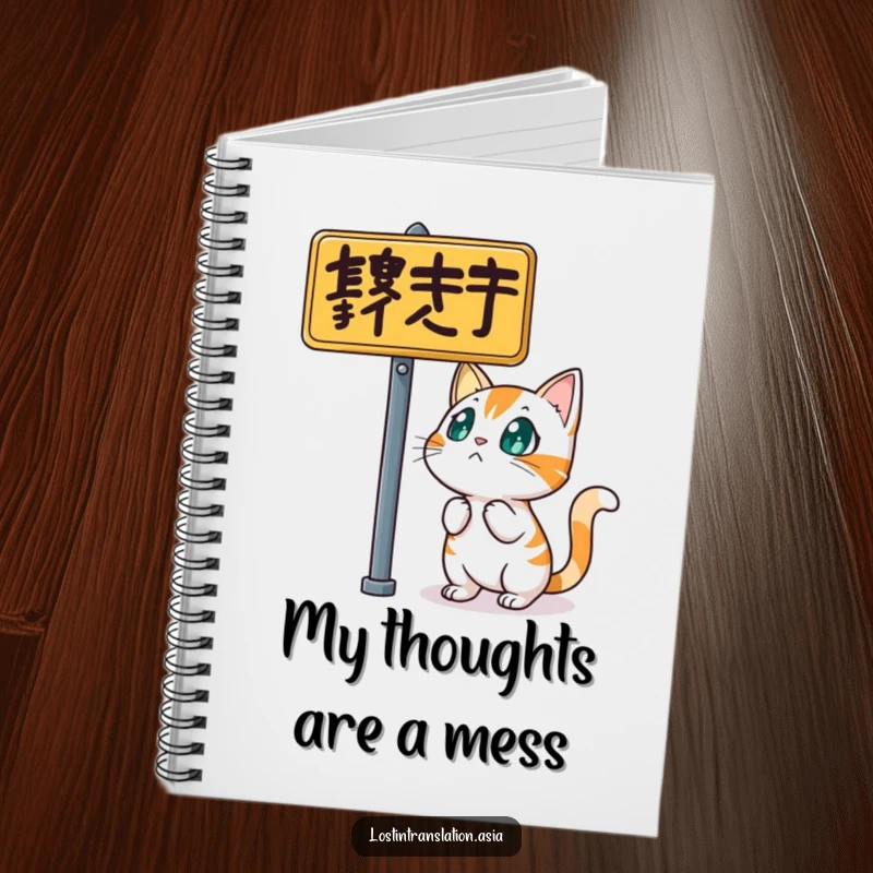 Funny cat notebook, character bewildered by street sign, startled, for jotting thoughts, funny gift.