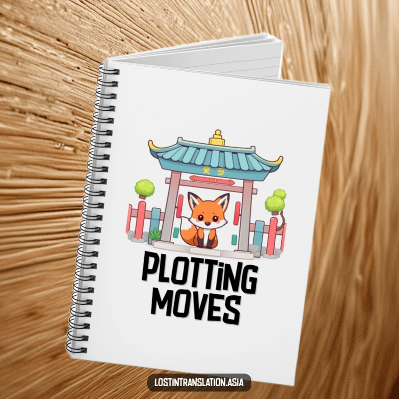 Funny fox peeking around a brightly colored temple gate, featured on a humorous notebook cover.