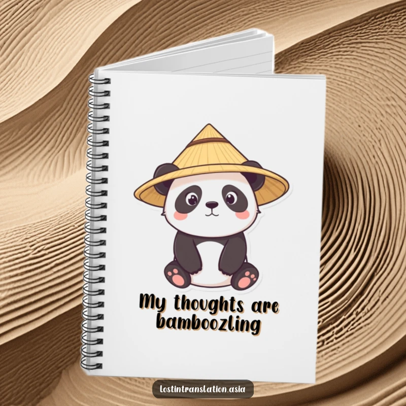 Funny panda notebook, character wearing straw hat, curious, journaling, for thoughts, funny gift.
