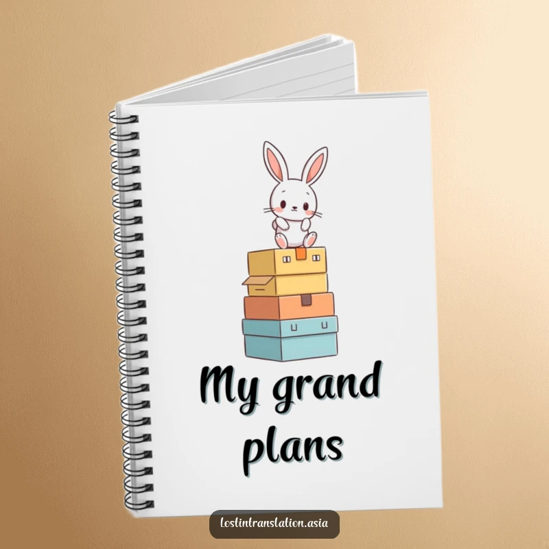 Funny rabbit precariously balancing on a stack of boxes, designed for a humorous notebook cover.