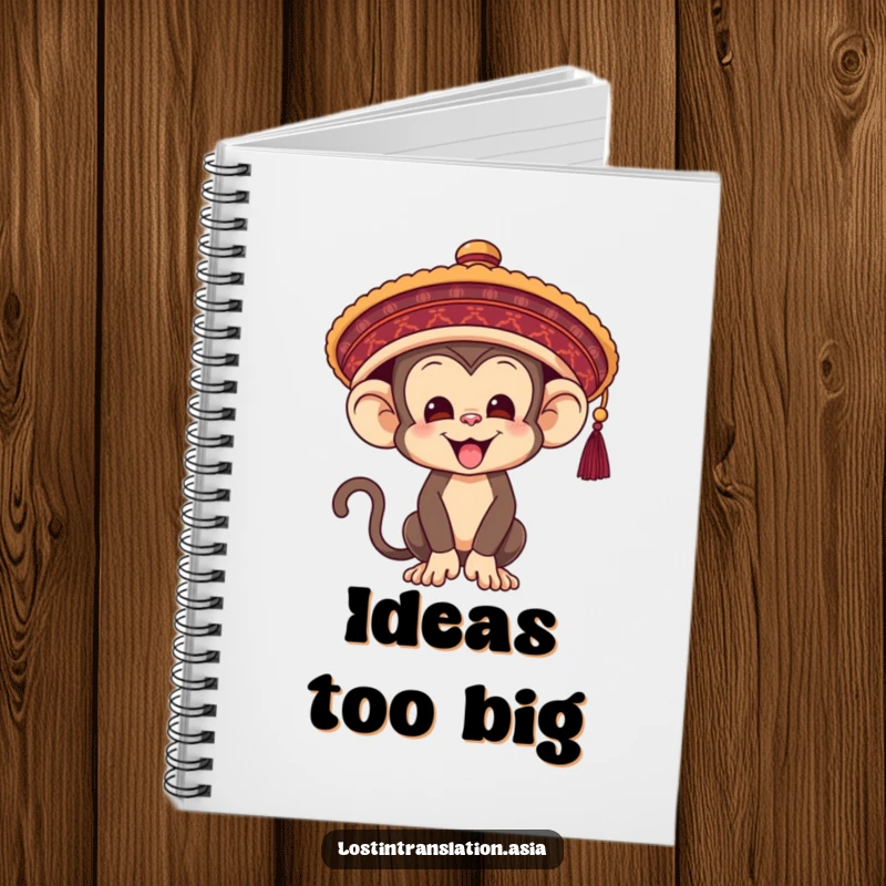 Funny Monkey Notebook, comically attempting to wear a giant hat, ideal for jotting down amusing ideas and plans.