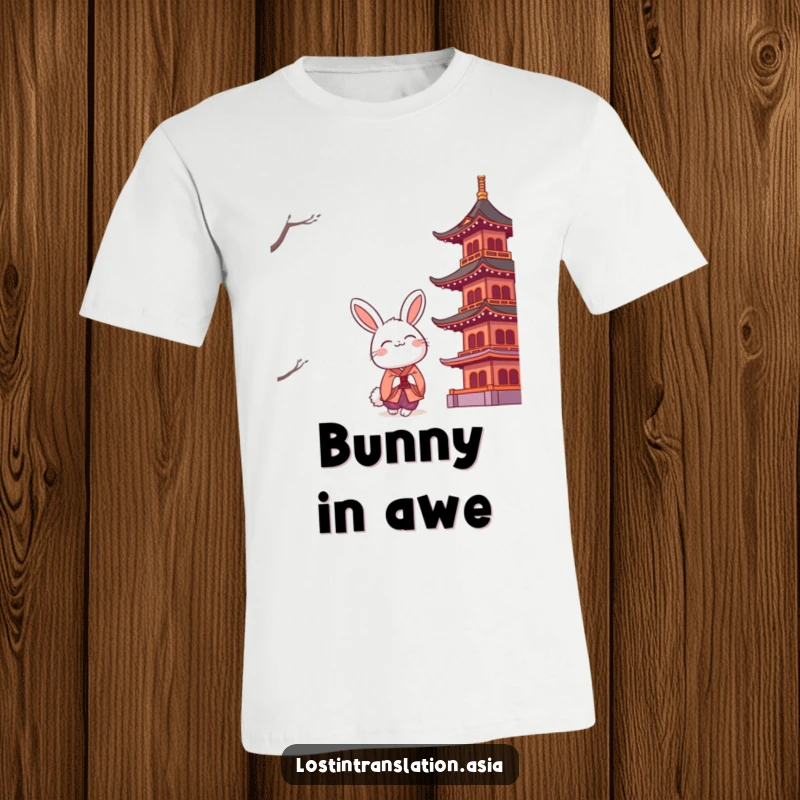Funny fluffy rabbit wearing a kimono, looking up admiringly at a large, stylized pagoda, symbolizing peace and beauty.