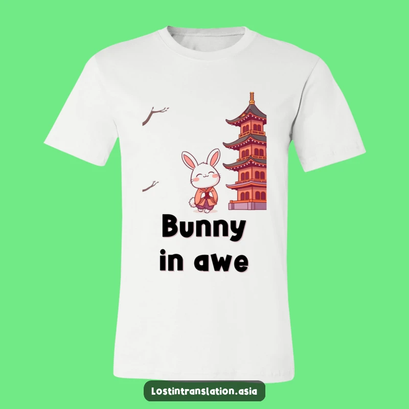 Funny Rabbit Kimono T-Shirt: Wear Your Joyful Gaze at a Majestic Pagoda!