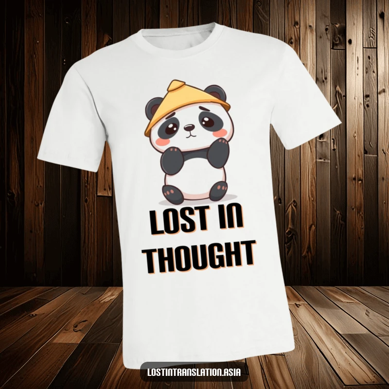 Funny Kawaii Panda T-Shirt depicts a cute panda in a stylized hat, looking around with a confused expression, adding whimsical charm.
