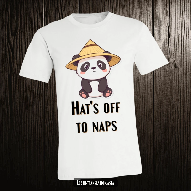 Funny panda t-shirt, character wearing straw hat, curious expression, exploring, great funny gift.