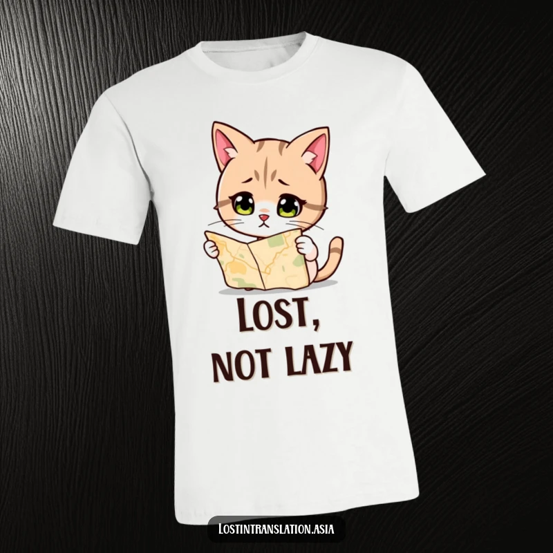 Funny Cat T-Shirt, examining a map with a puzzled expression, showcasing a humorous take on feline exploration.