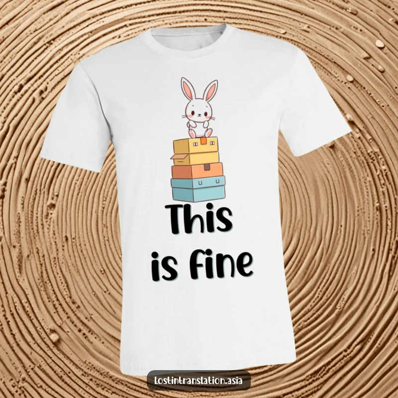 Funny rabbit precariously balancing on a tall, unstable stack of assorted boxes, designed for t-shirts.