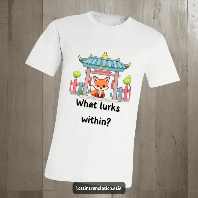 Funny fox peeking around a vibrant, colorful temple gate, designed for a humorous t-shirt.