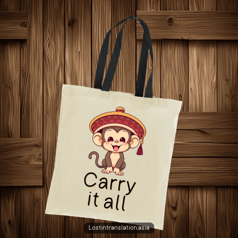 Funny Monkey Tote Bag, hilariously trying to wear a giant hat, a stylish and humorous accessory for everyday use.