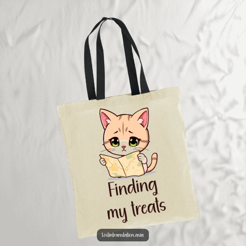 Funny Cat Tote Bag, quizzically studying a map, a stylish and humorous accessory for everyday use.