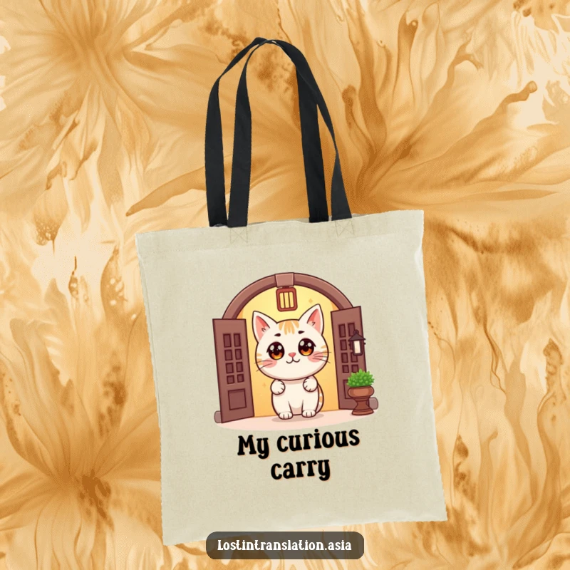 Funny Cat Doorway Tote Bag illustrates a cheerful cat with big eyes peeking from a traditional doorway, perfect for carrying items with cozy charm.