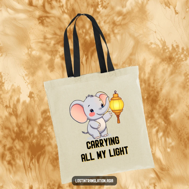 Funny elephant tote bag, character pointing at glowing lantern, happy, joyful, practical funny gift.