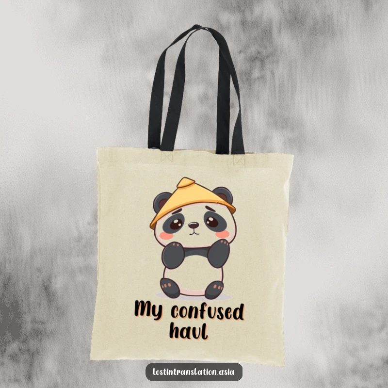 Funny Kawaii Panda Tote Bag illustrates a cute panda in a hat, looking confused, perfect for carrying items with a touch of whimsical charm.