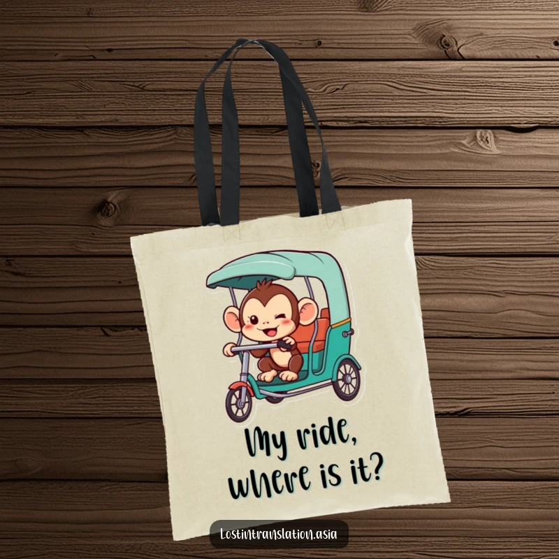 Funny monkey tote bag, character hailing a rickshaw, mischievous, practical and funny gift.